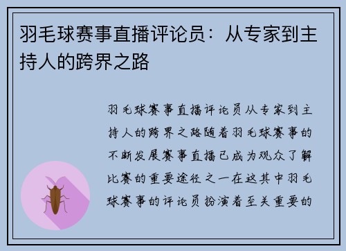 羽毛球赛事直播评论员：从专家到主持人的跨界之路