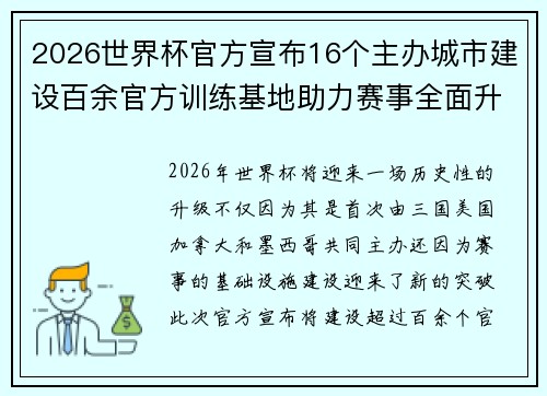 2026世界杯官方宣布16个主办城市建设百余官方训练基地助力赛事全面升级 ⚽ 2026世界杯官方宣布16个主办城市建设百余官方训练基地助力赛事全面升级 ⚽