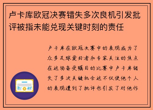 卢卡库欧冠决赛错失多次良机引发批评被指未能兑现关键时刻的责任