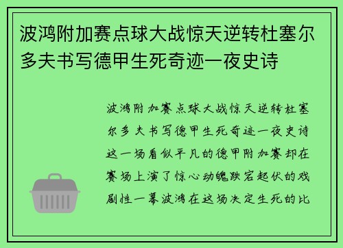 波鸿附加赛点球大战惊天逆转杜塞尔多夫书写德甲生死奇迹一夜史诗